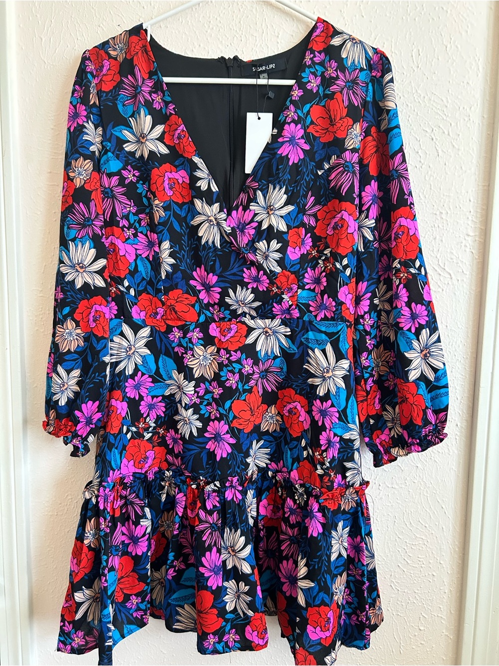 Sugarlips Black Floral V-Neck Tiered Long Sleeve Mini Dress